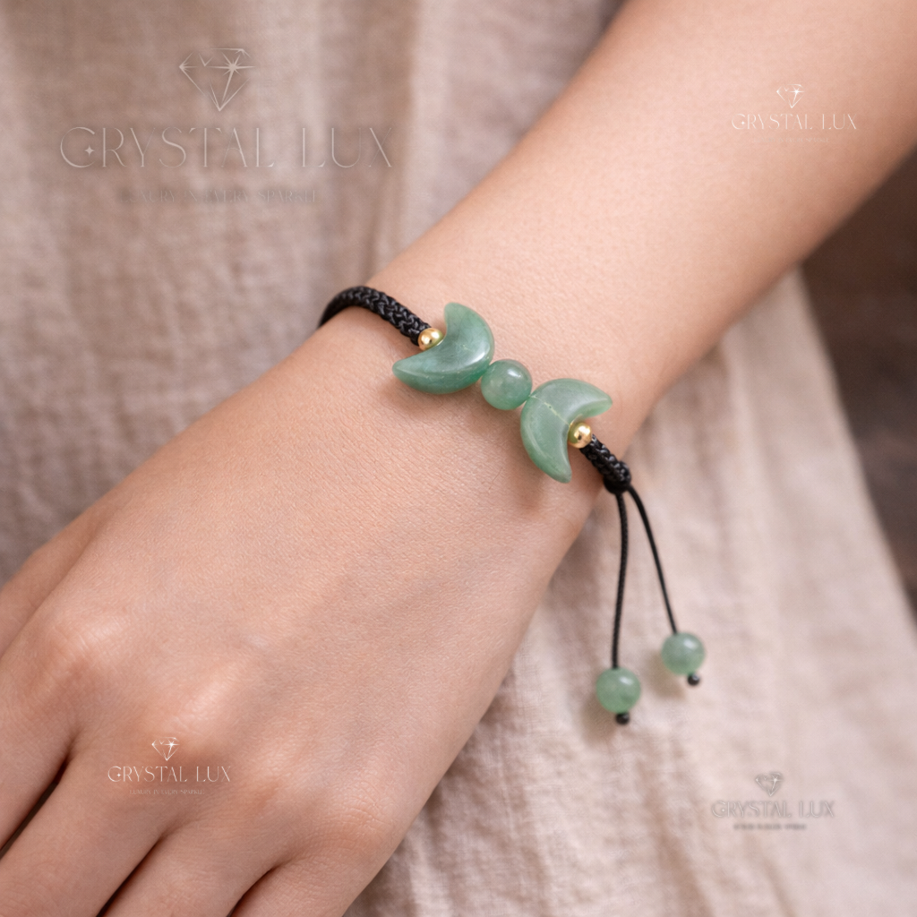 Green Aventurine Crescent Bracelet for Luck, Prosperity & Emotional Healing | Adjustable Natural Crystal Bracelet