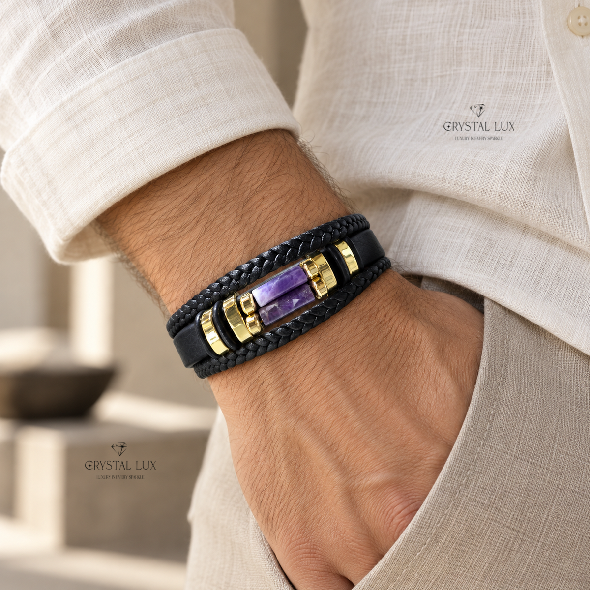 Amethyst Men’s Leather Band Bracelet | Crystal Lux Studio