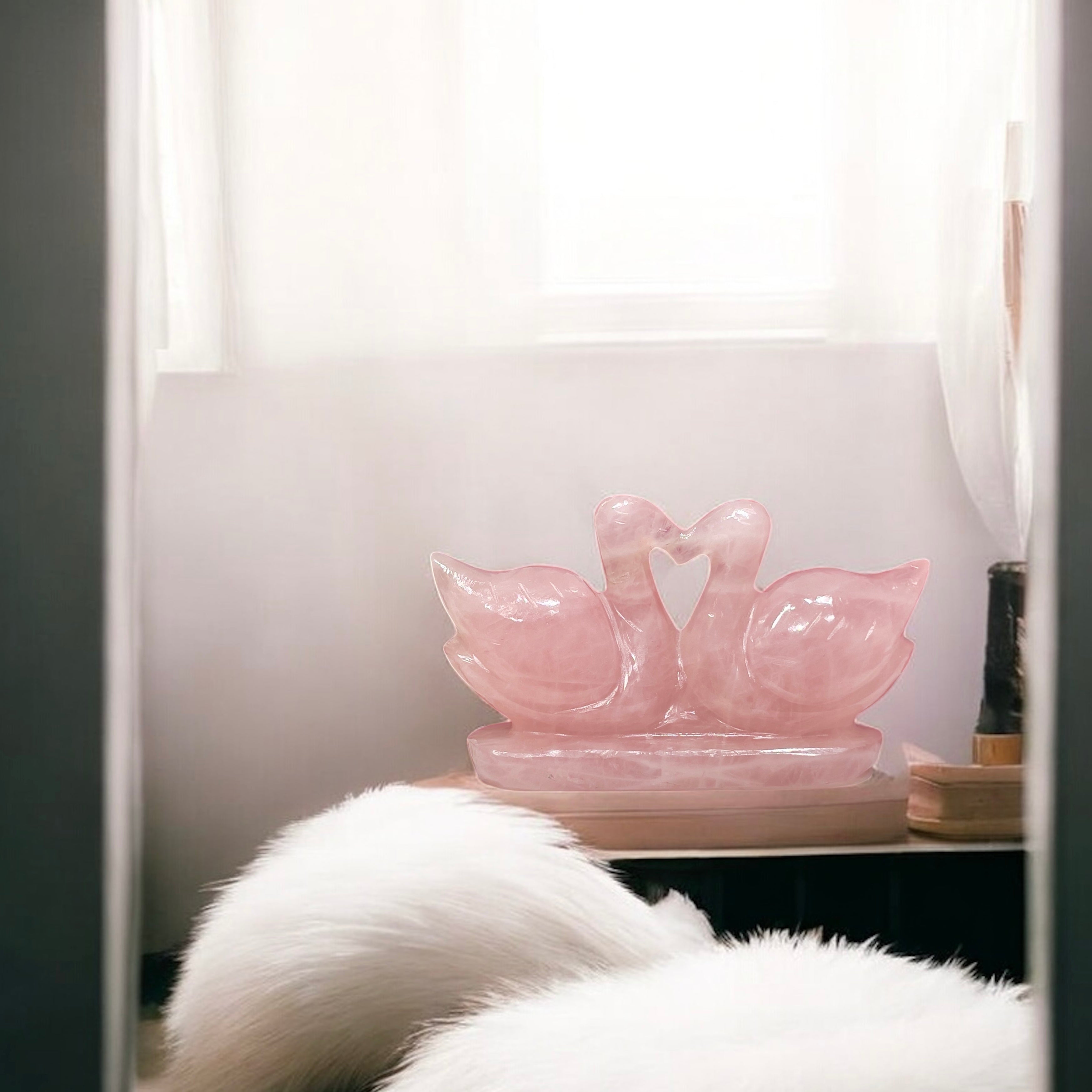 Cygnes en quartz rose – Symbole d'amour et d'harmonie | Décoration d'intérieur en quartz rose naturel