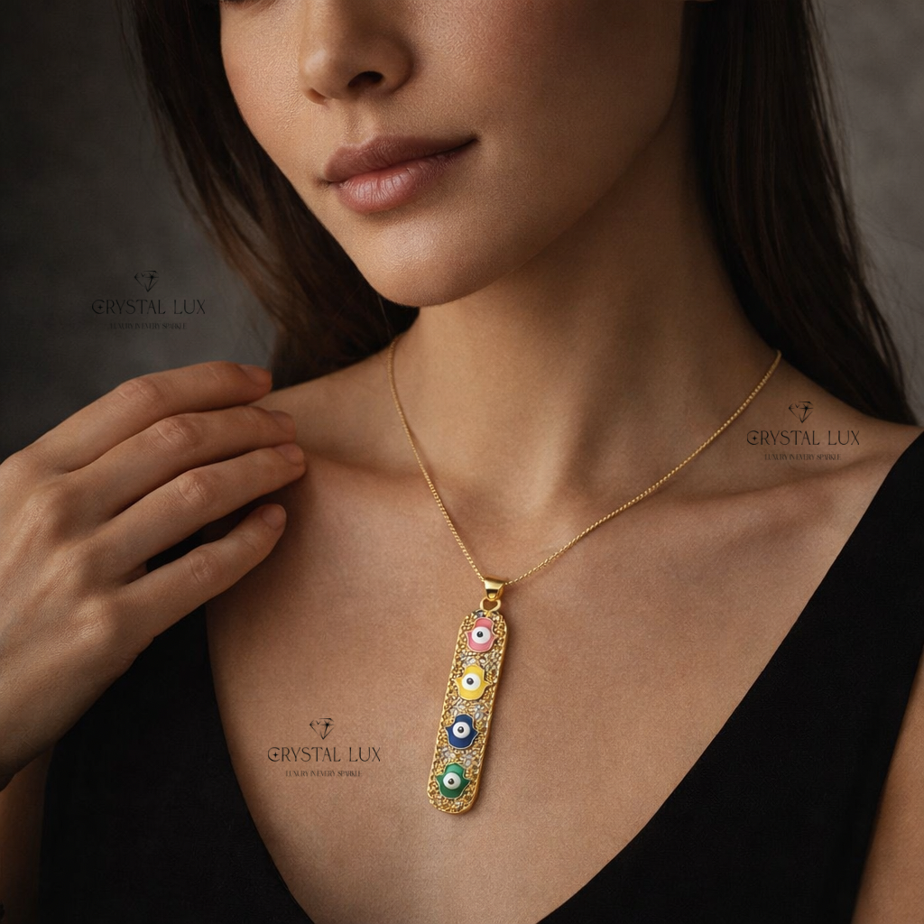 Hamsa Evil Eye Pendant Necklace for Protection, Luck & Energy Healing
