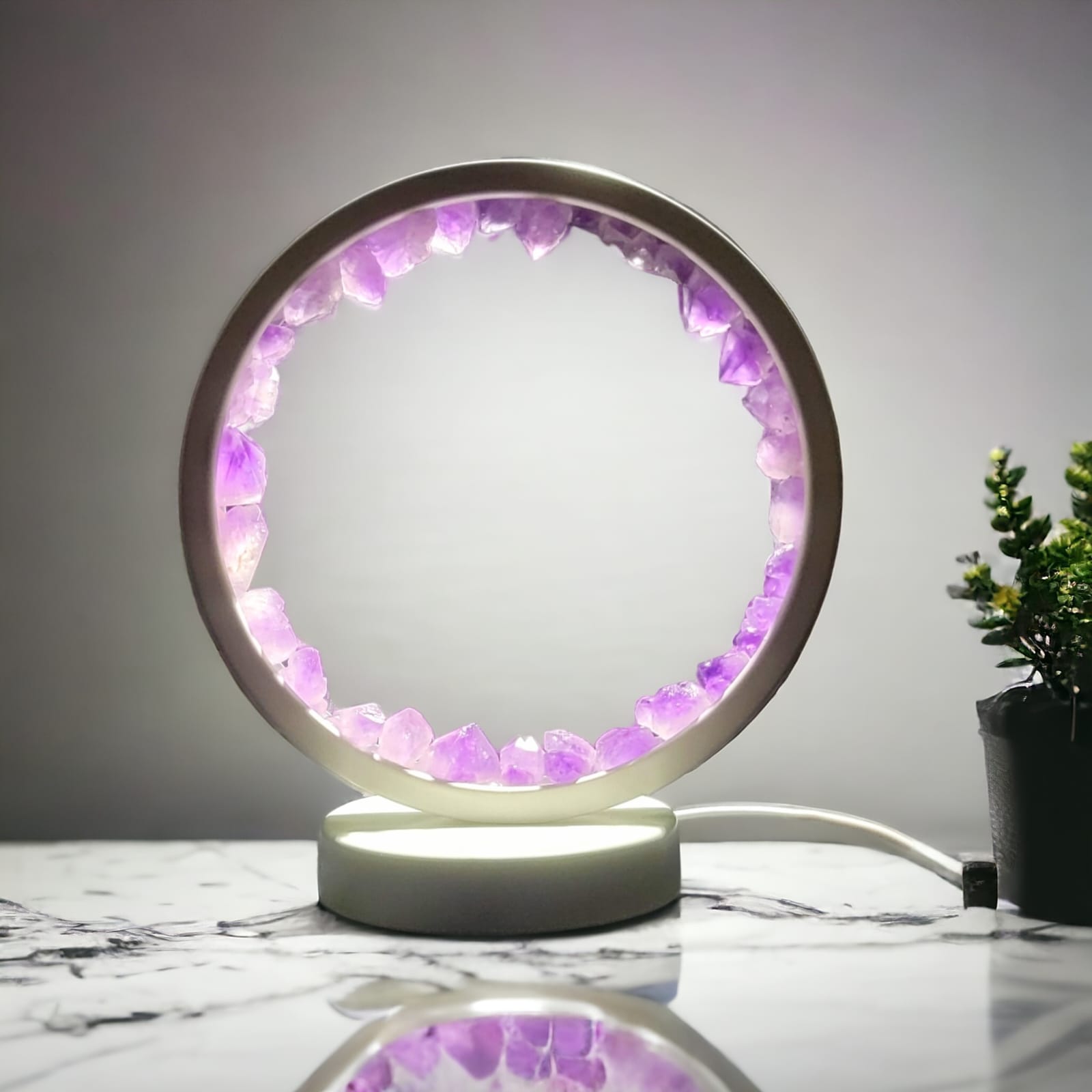 Natural Amethyst Crystal Table Lamp | Healing Stone Ring Light for Meditation, Relaxation & Home Décor (USB Powered)