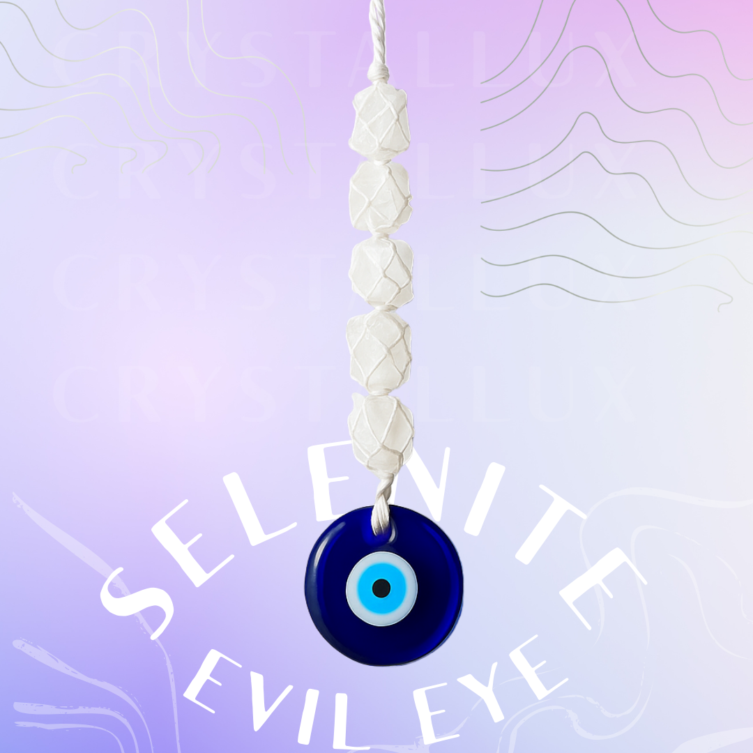 Selenite Hanger with Evil Eye - protective energy cleansing stone for home and office