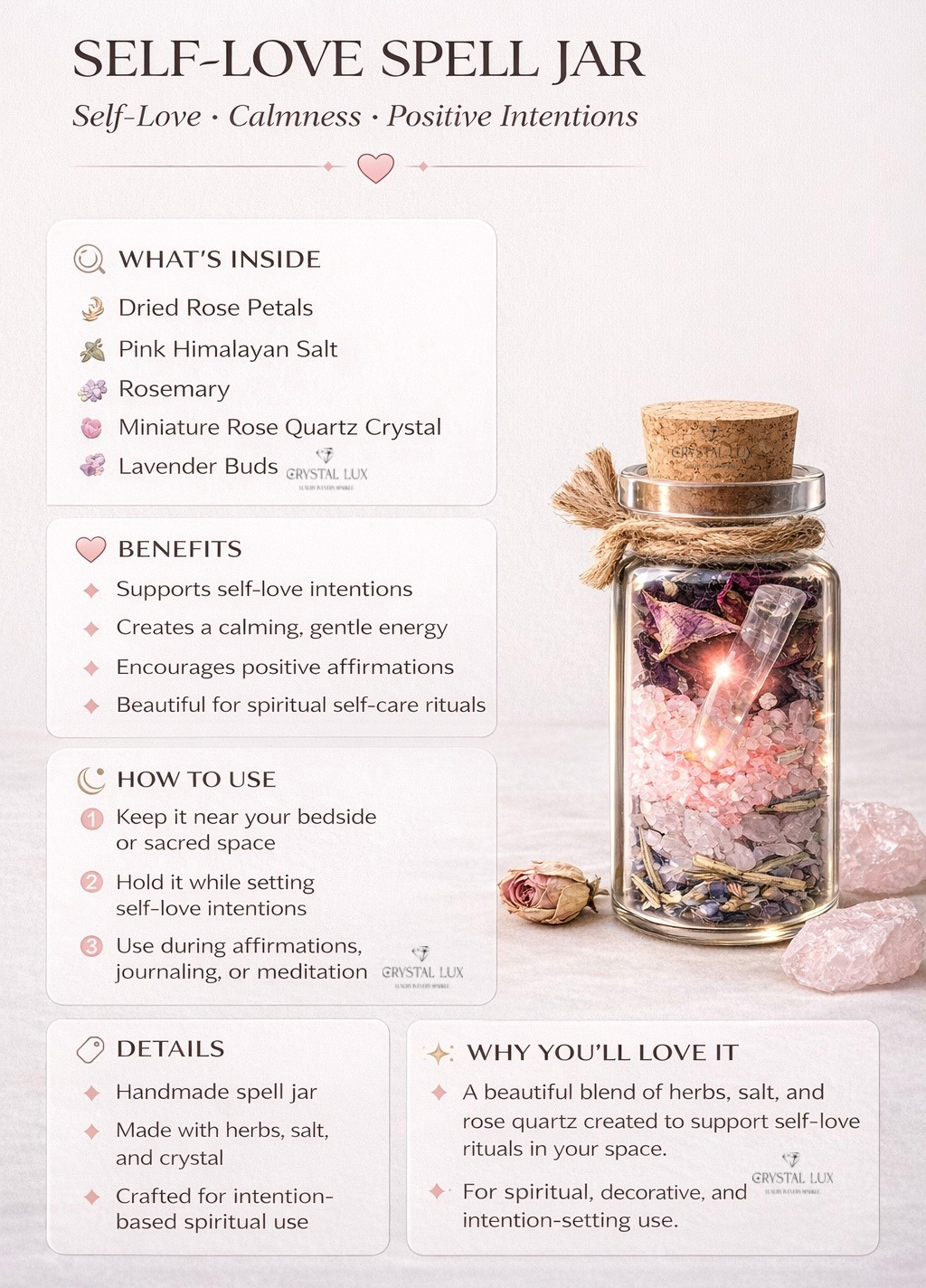 Self Love Crystal Jar | Manifestation Spell Bottle for Confidence, Love & Energy Healing
