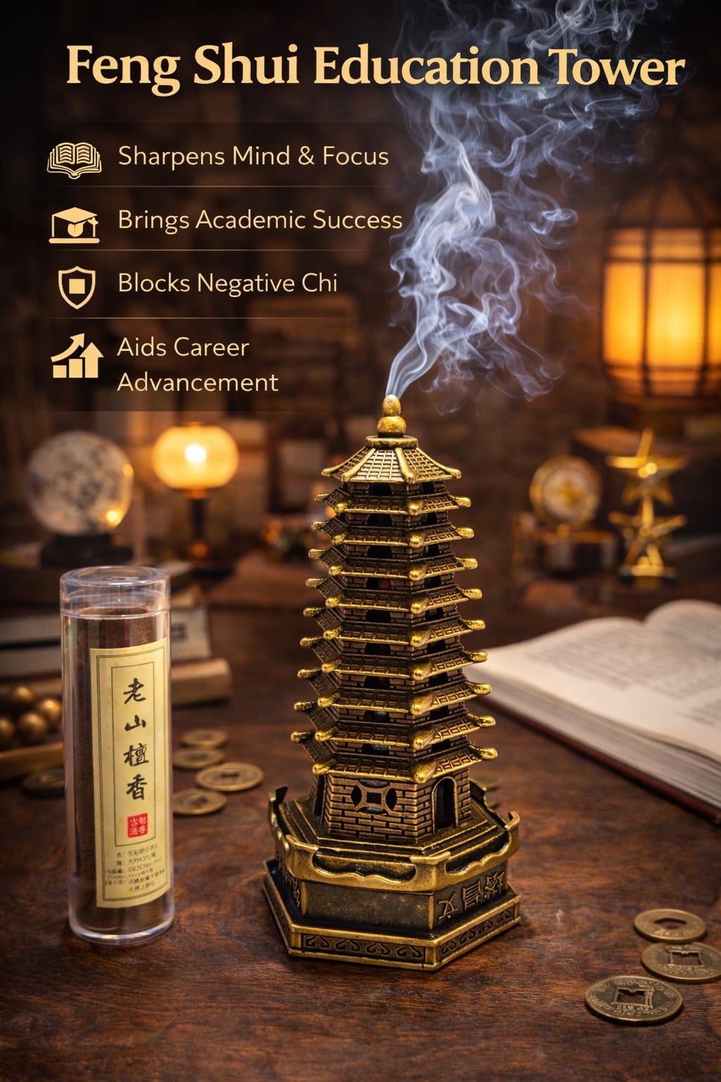 Feng Shui Education Tower with Sandalwood Incense Burner for Focus, Study & Career Growth