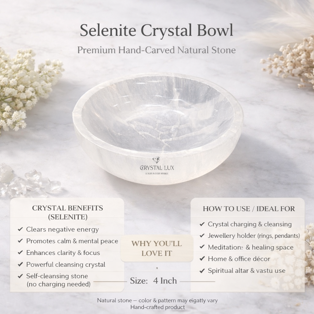 Selenite Crystal Bowl 4 Inch – Natural Selenite Charging & Cleansing Bowl for Crystals, Jewelry Holder & Spiritual Decor
