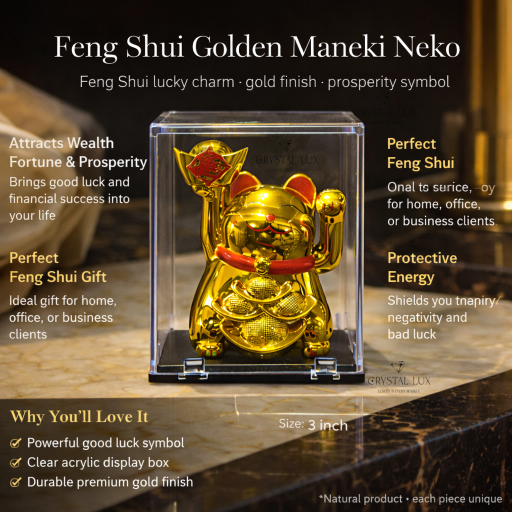 Feng Shui Lucky Cat Maneki Neko Gold Statue – Money Luck & Prosperity Symbol