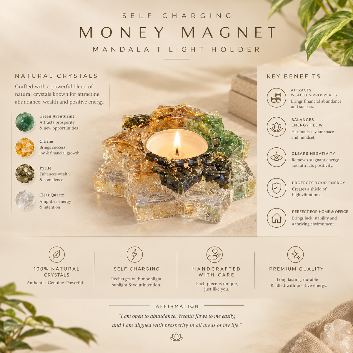 Money Magnet Crystal Tea Light Holder with Selenite Base | Abundance & Prosperity Decor