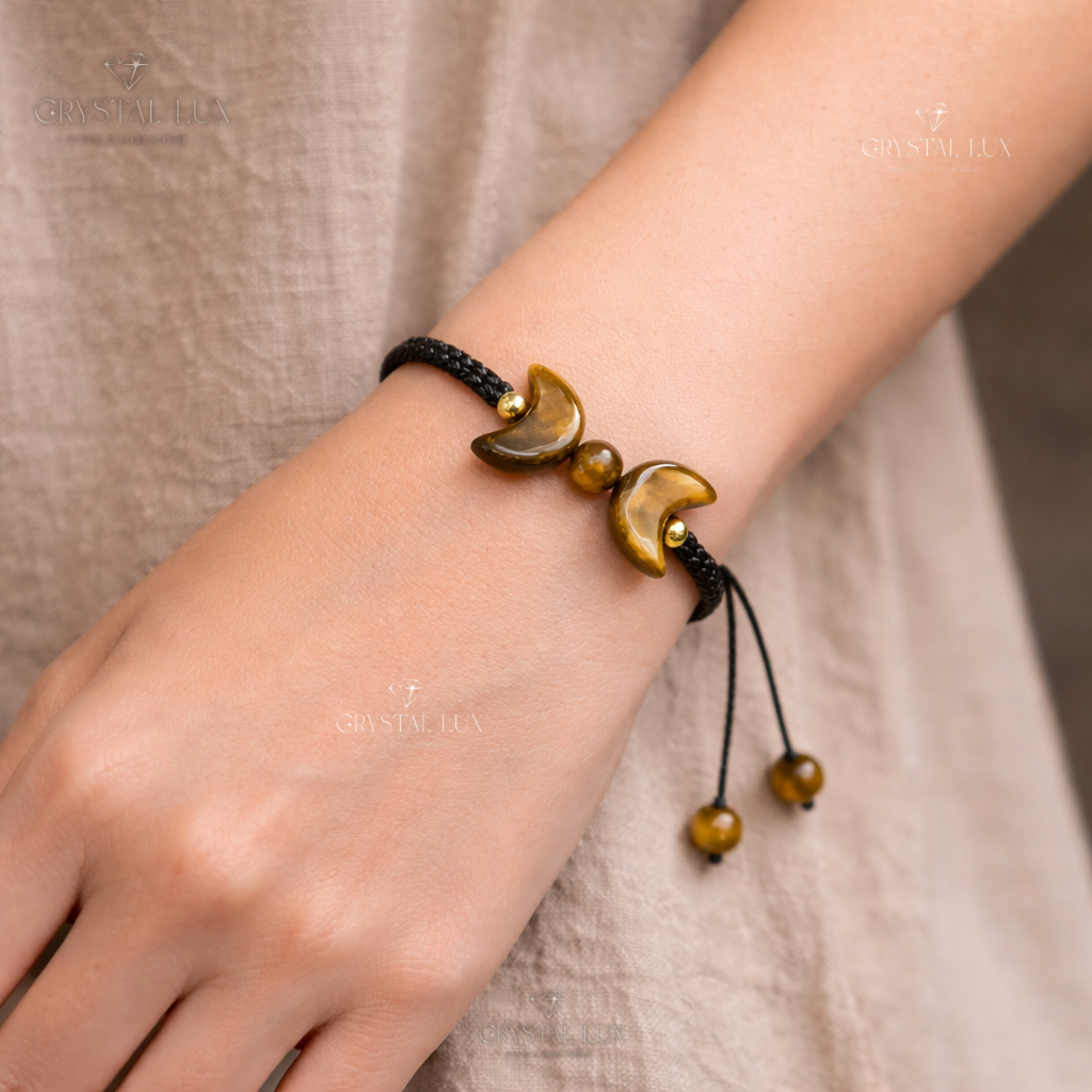 Tiger Eye Crescent Bracelet for Protection & Confidence | Natural Healing Crystal Adjustable Bracelet