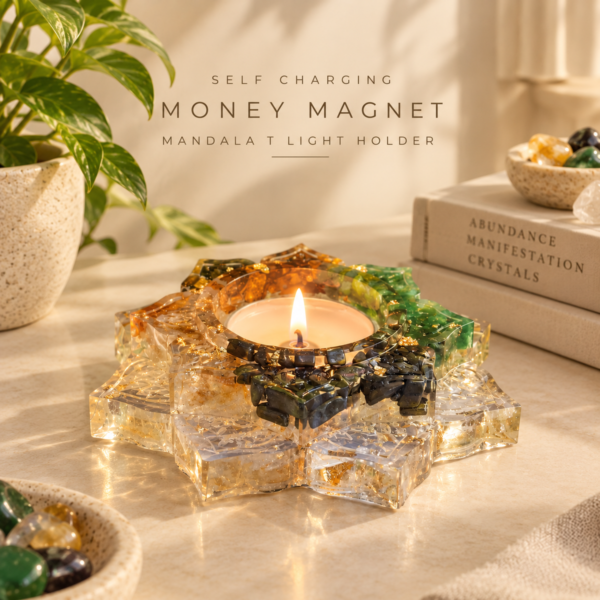Money Magnet Crystal Tea Light Holder with Selenite Base | Abundance & Prosperity Decor