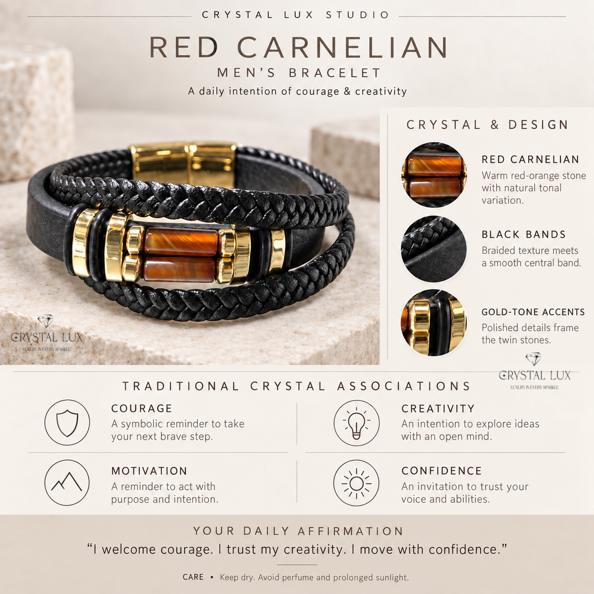 Red Carnelian Men’s Leather Band Bracelet | Crystal Lux Studio