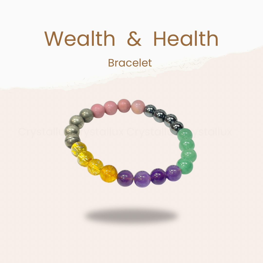 Health & Wealth Multi-Stone Crystal Bracelet – Pyrite, Citrine, Amethyst, Aventurine, Magnetite & Rhodochrosite
