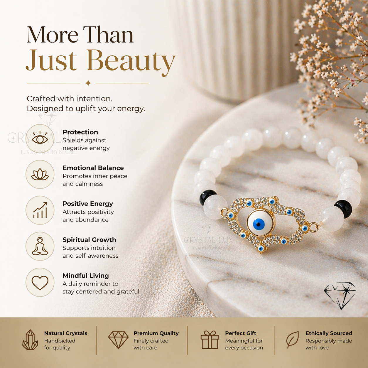Hamsa Evil Eye Protection Bracelet in Selenite & Black Tourmaline | Luxury Healing Crystal Jewelry