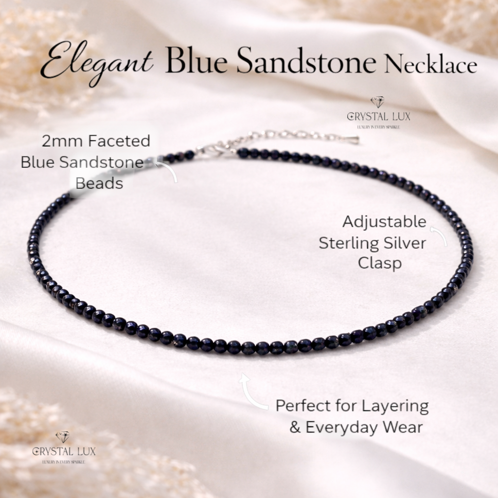 Luxury Blue Sandstone 2mm Faceted Necklace – Handmade Healing Crystal Jewelry | Elegant Minimal Neckpiece