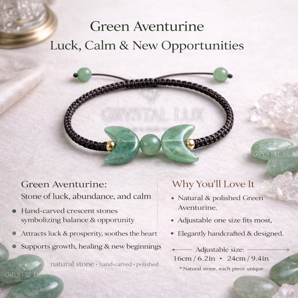 Green Aventurine Crescent Bracelet for Luck, Prosperity & Emotional Healing | Adjustable Natural Crystal Bracelet
