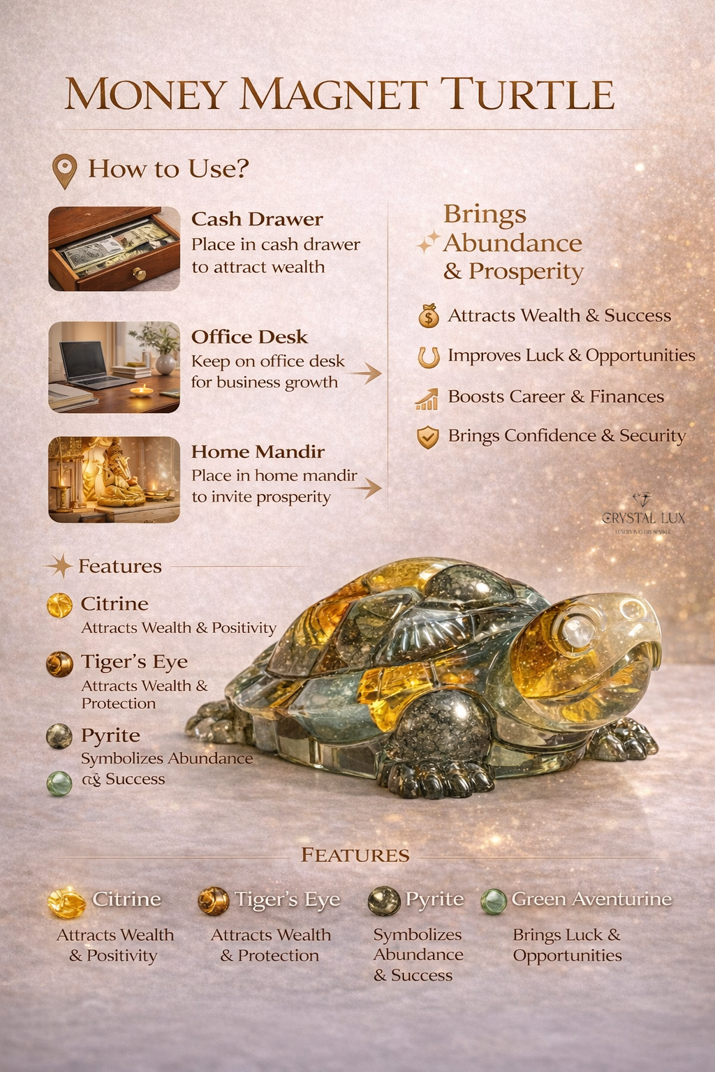 Money Magnet Vastu Turtle (5 Inch) – Citrine, Pyrite, Tiger Eye & Aventurine Wealth Feng Shui Tortoise for Prosperity & Success
