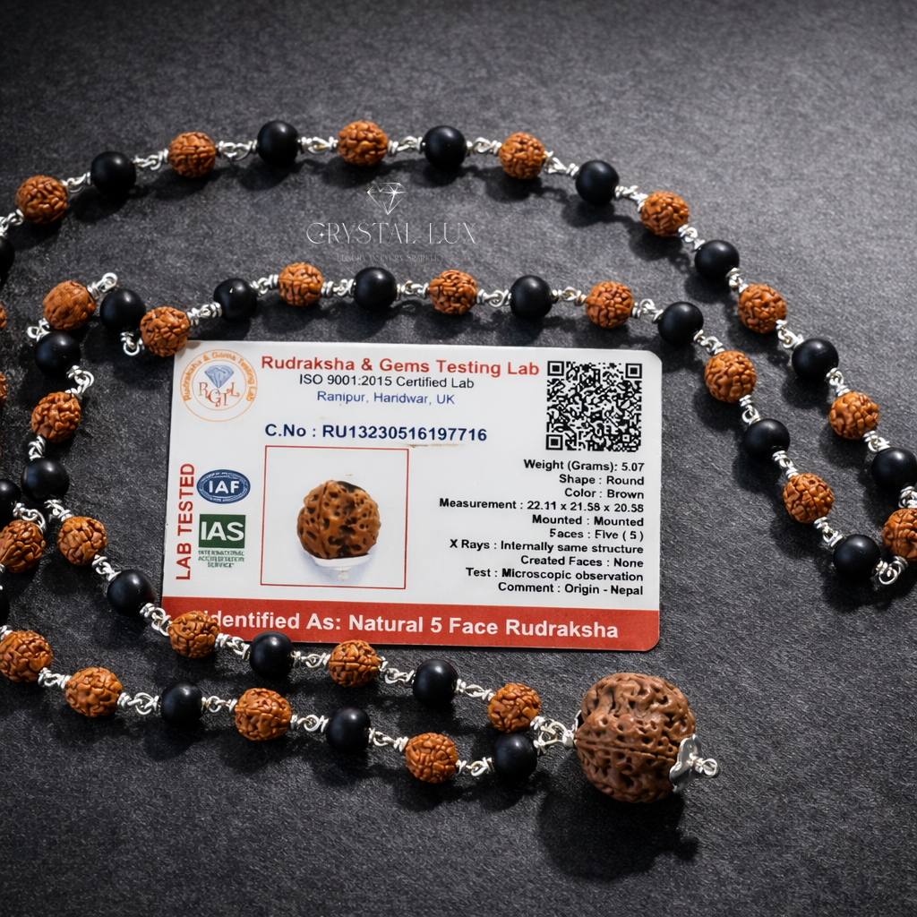 Certified 5 Mukhi Rudraksha & Karungali (Ebony) Mala | Spiritual Protection & Meditation Necklace