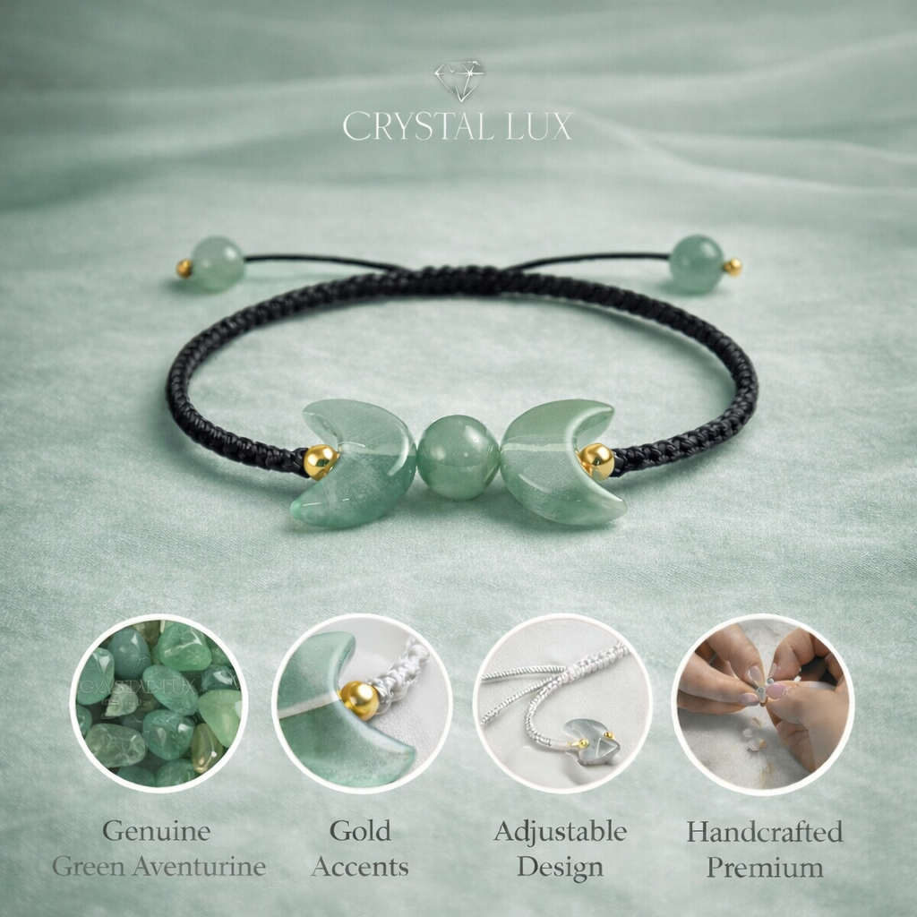 Green Aventurine Crescent Bracelet for Luck, Prosperity & Emotional Healing | Adjustable Natural Crystal Bracelet