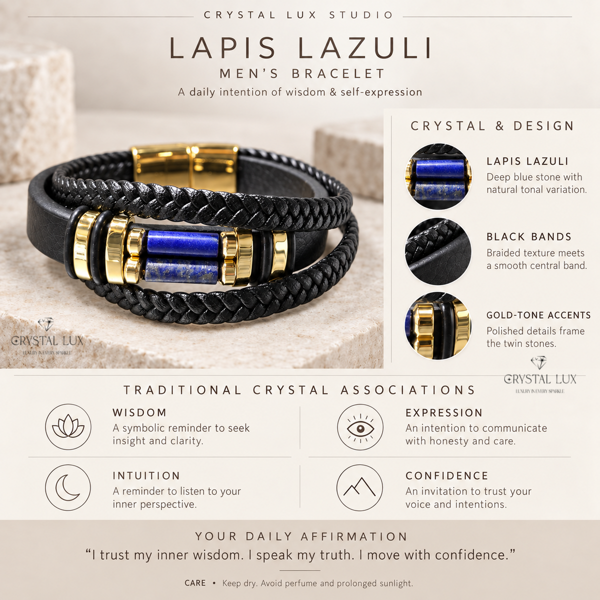Lapis Lazuli Men’s Leather Band Bracelet | Crystal Lux Studio