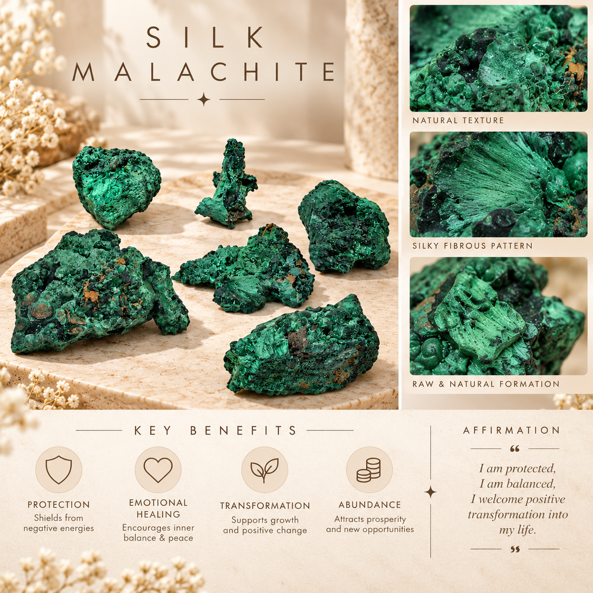 Natural Silk Malachite Raw Crystal Specimen | Rare Green Malachite