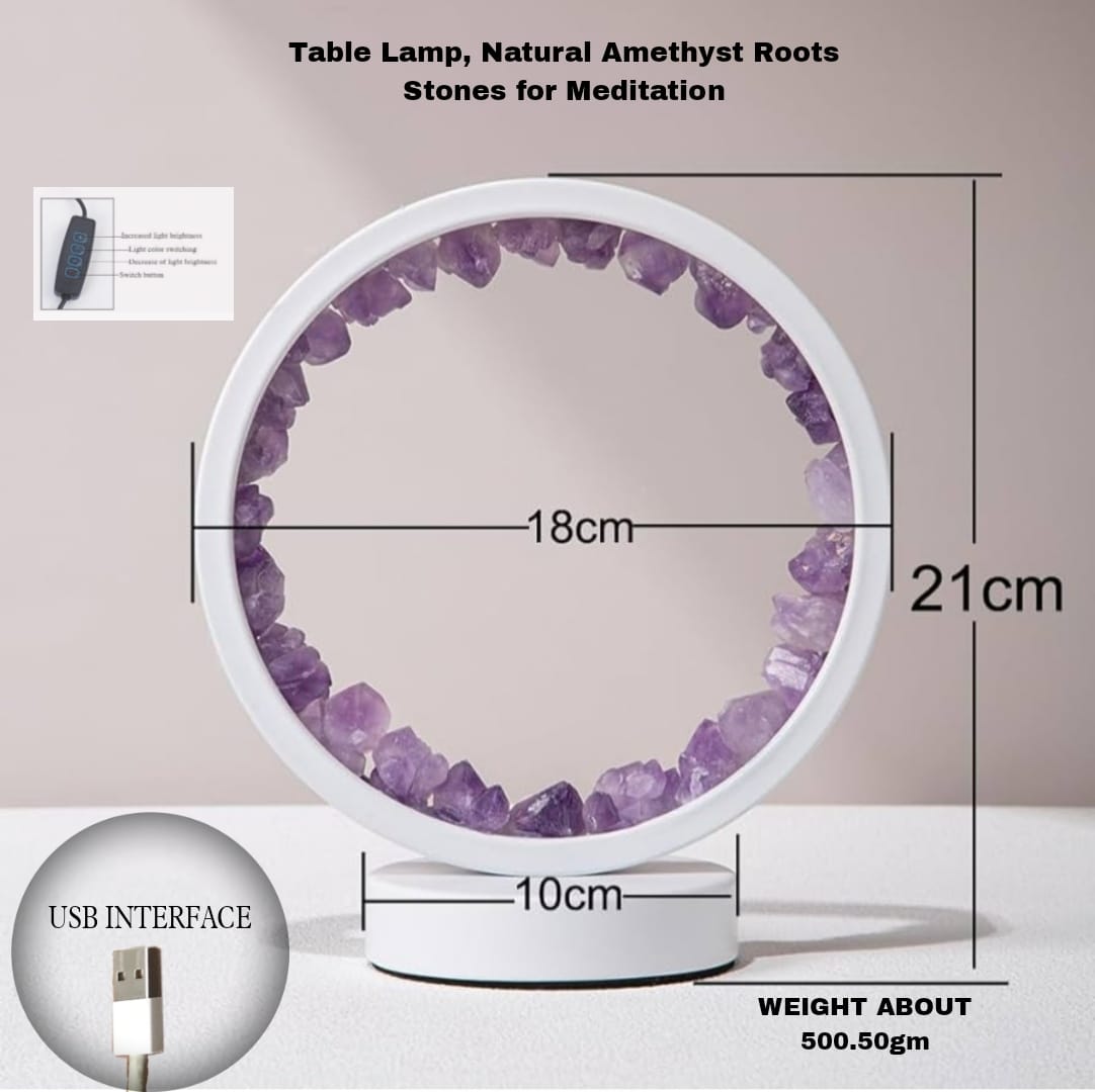 Natural Amethyst Crystal Table Lamp | Healing Stone Ring Light for Meditation, Relaxation & Home Décor (USB Powered)