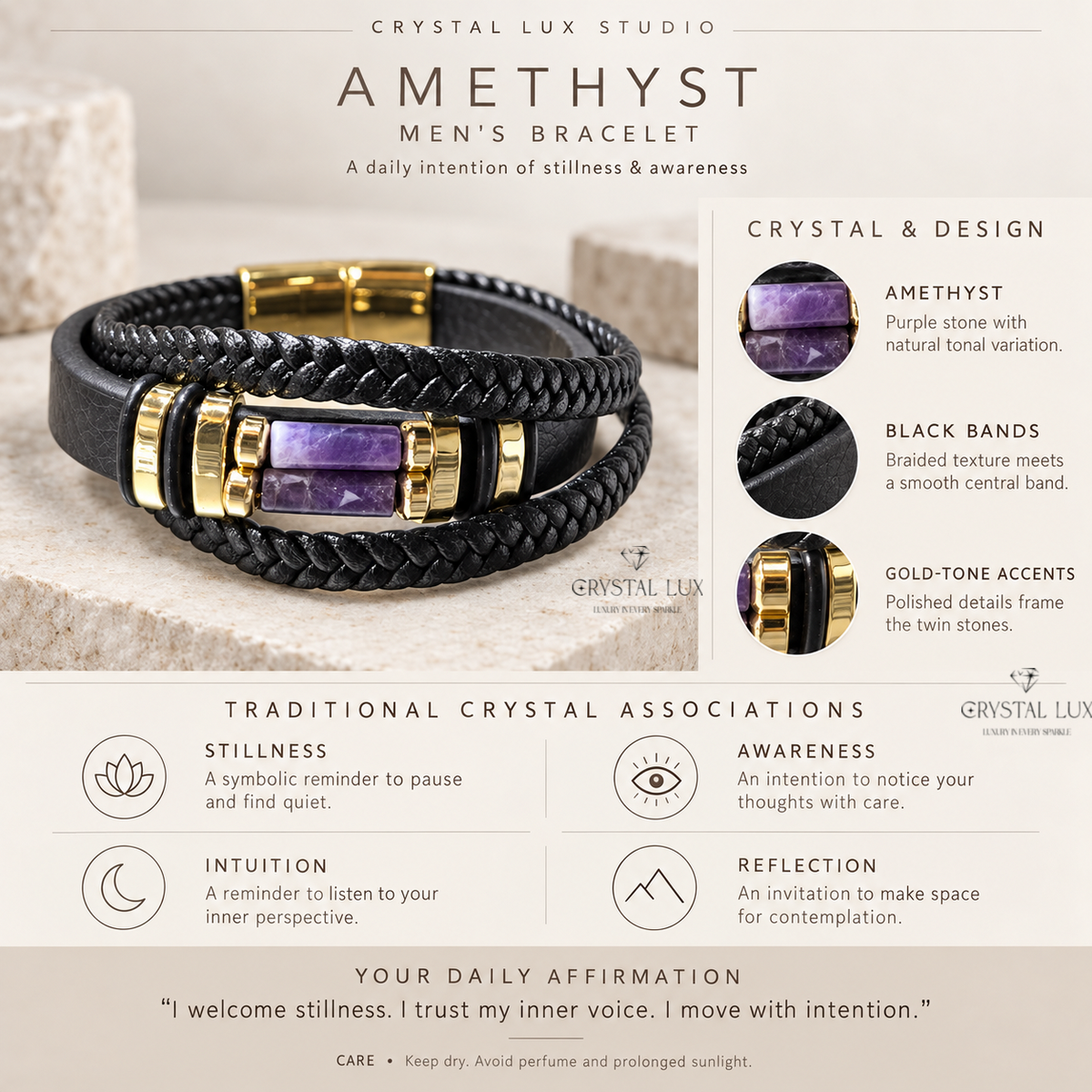 Amethyst Men’s Leather Band Bracelet | Crystal Lux Studio