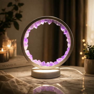 Lampe de table en cristal d'améthyste naturelle | Anneau lumineux en pierre de guérison pour la méditation, la relaxation et la décoration intérieure (alimentation USB)