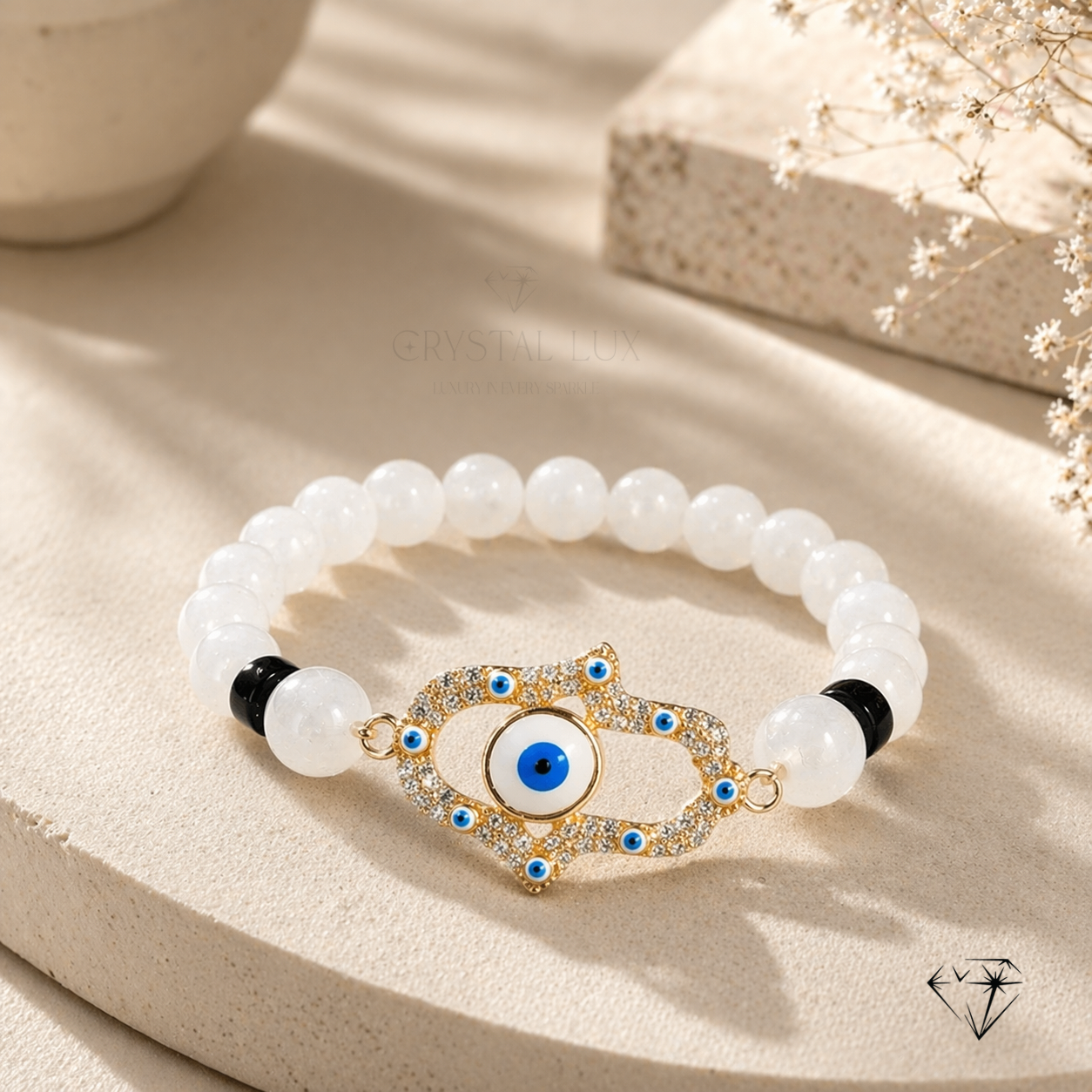 Hamsa Evil Eye Protection Bracelet in Selenite & Black Tourmaline | Luxury Healing Crystal Jewelry