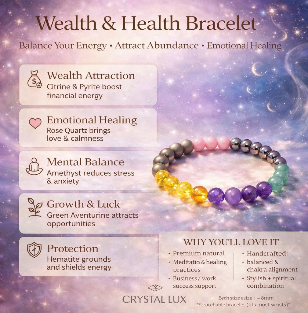 Health & Wealth Multi-Stone Crystal Bracelet – Pyrite, Citrine, Amethyst, Aventurine, Magnetite & Rhodochrosite
