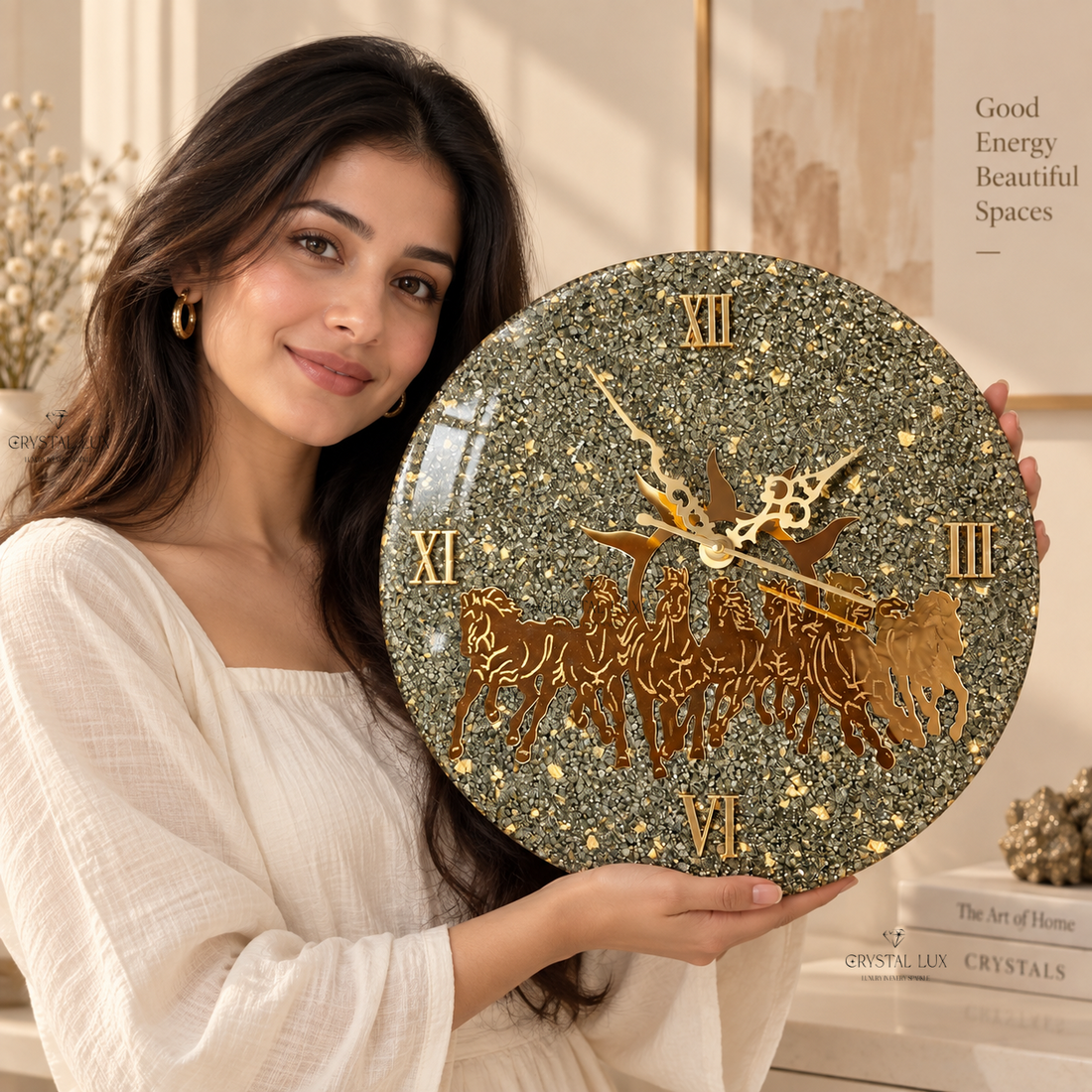 Peruvian Pyrite Seven Horse Wall Clock | Luxury Crystal Home Decor