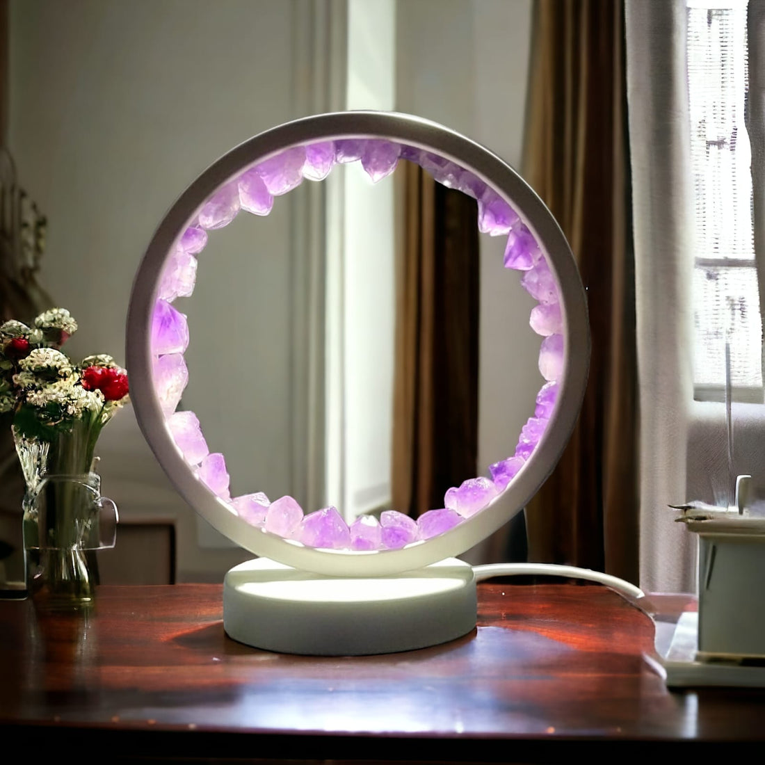 Natural Amethyst Crystal Table Lamp | Healing Stone Ring Light for Meditation, Relaxation & Home Décor (USB Powered)