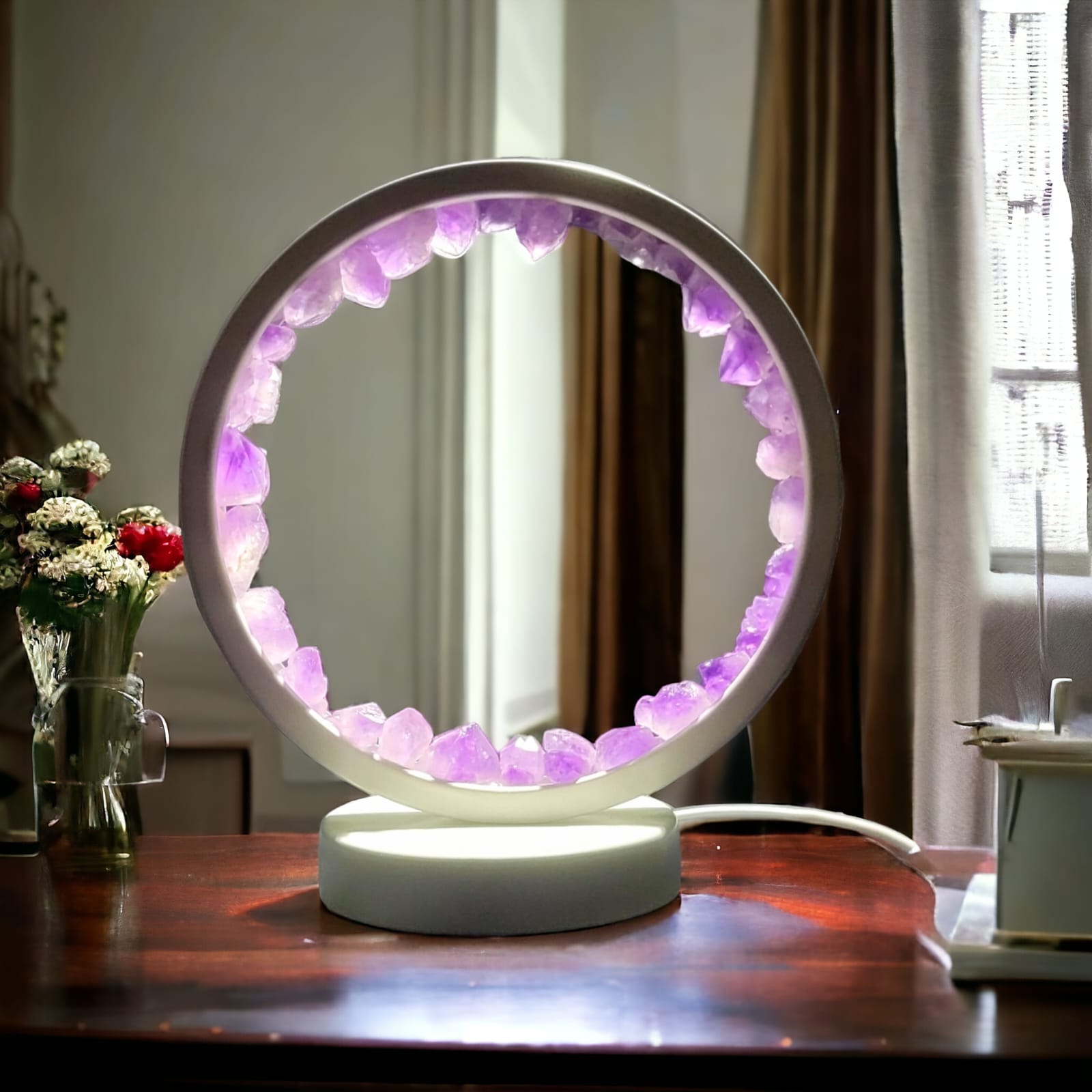 Natural Amethyst Crystal Table Lamp | Healing Stone Ring Light for Meditation, Relaxation & Home Décor (USB Powered)