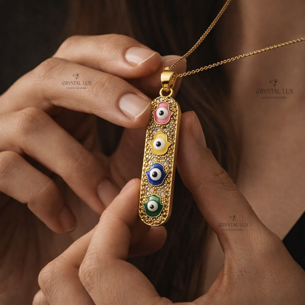 Hamsa Evil Eye Pendant Necklace for Protection, Luck & Energy Healing