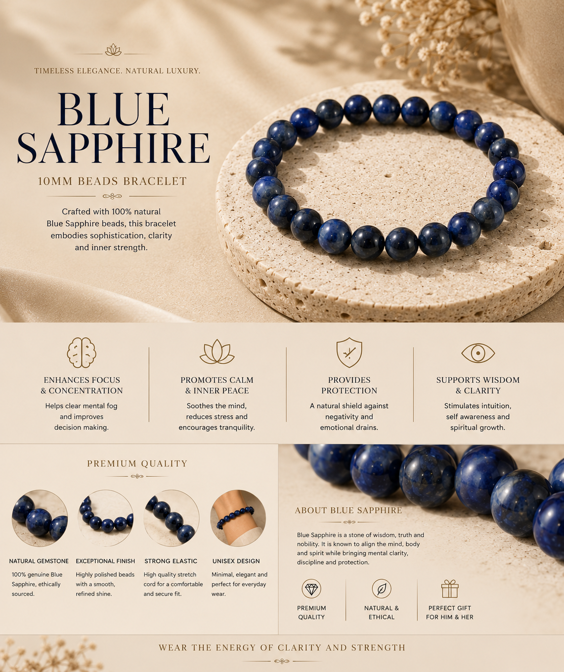 Blue Sapphire Gemstone Bracelet 10mm | Premium Natural Crystal Jewellery