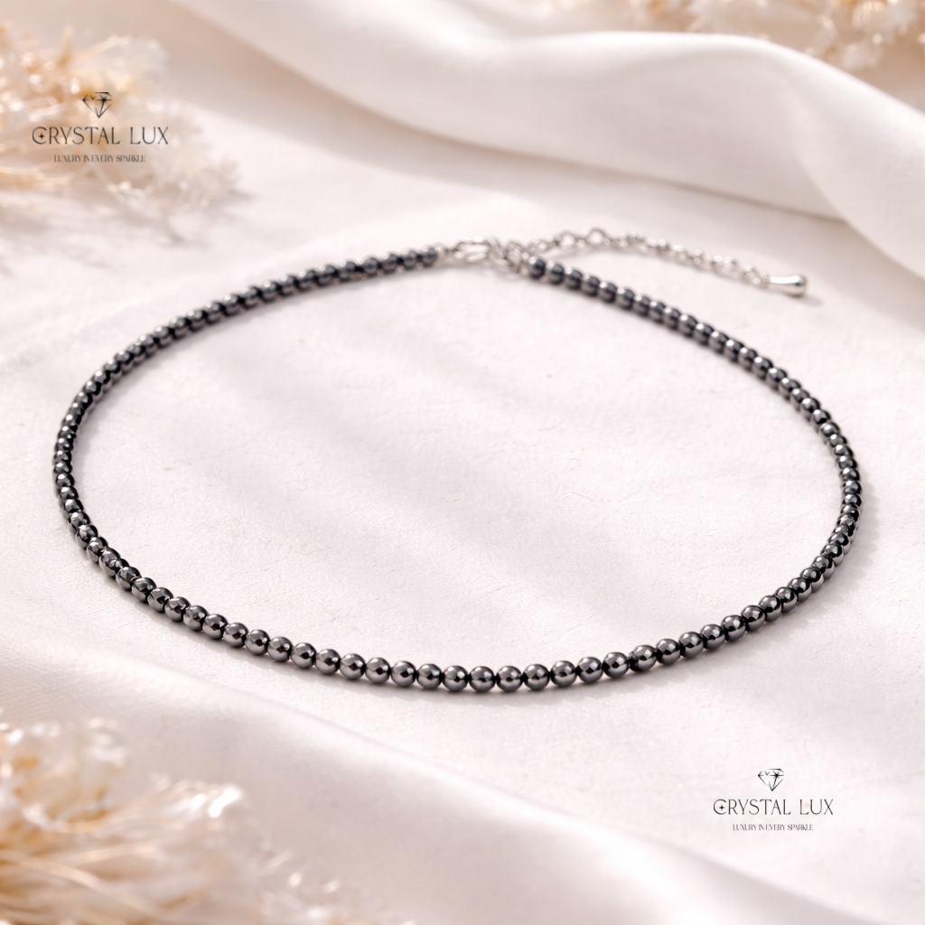 Luxury Hematite 2mm Faceted Necklace – Grounding Healing Crystal Neckpiece | Minimalist Protective Jewelry
