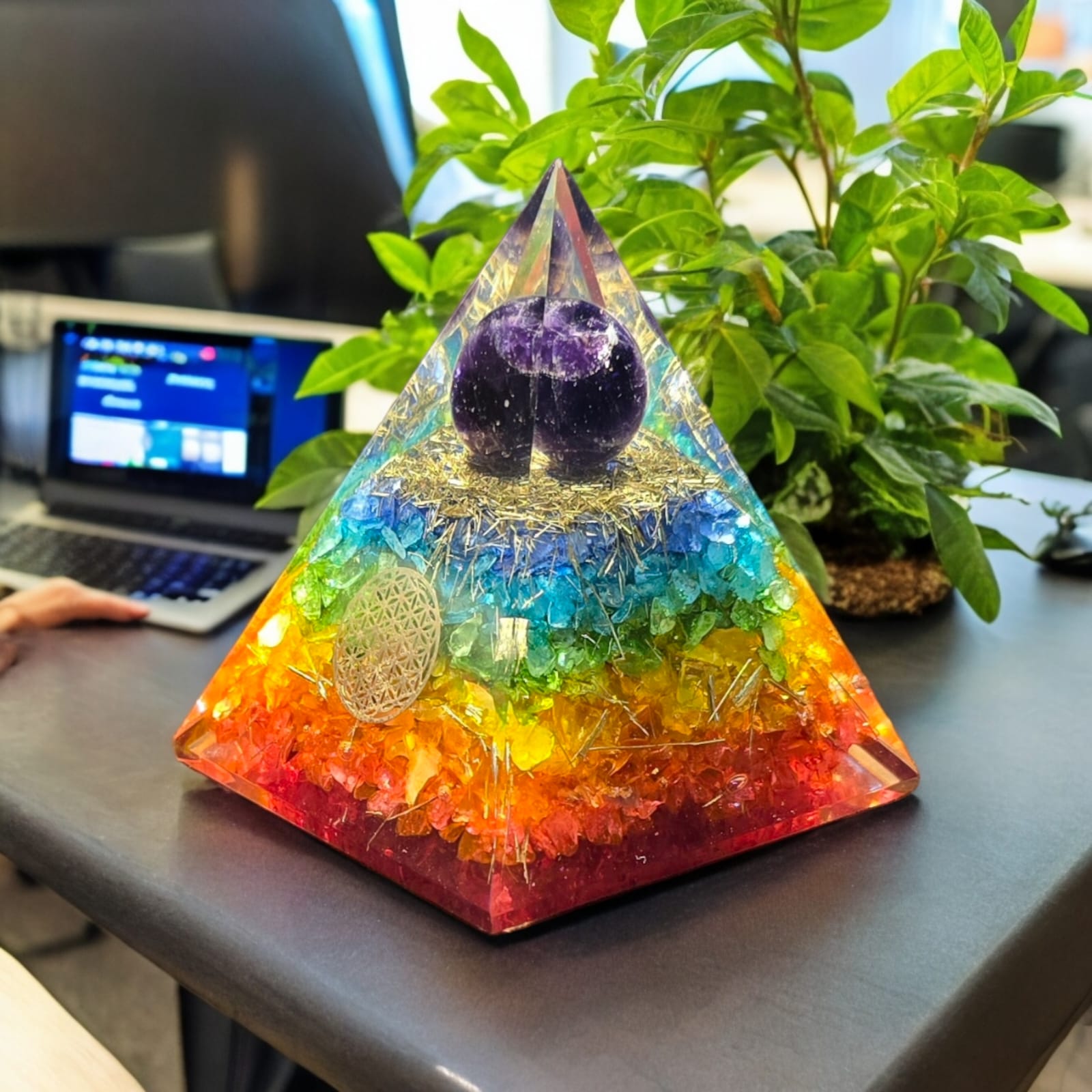 Rainbow Chakra Crystal Orgonite Pyramid for Protection, Balance & Manifestation