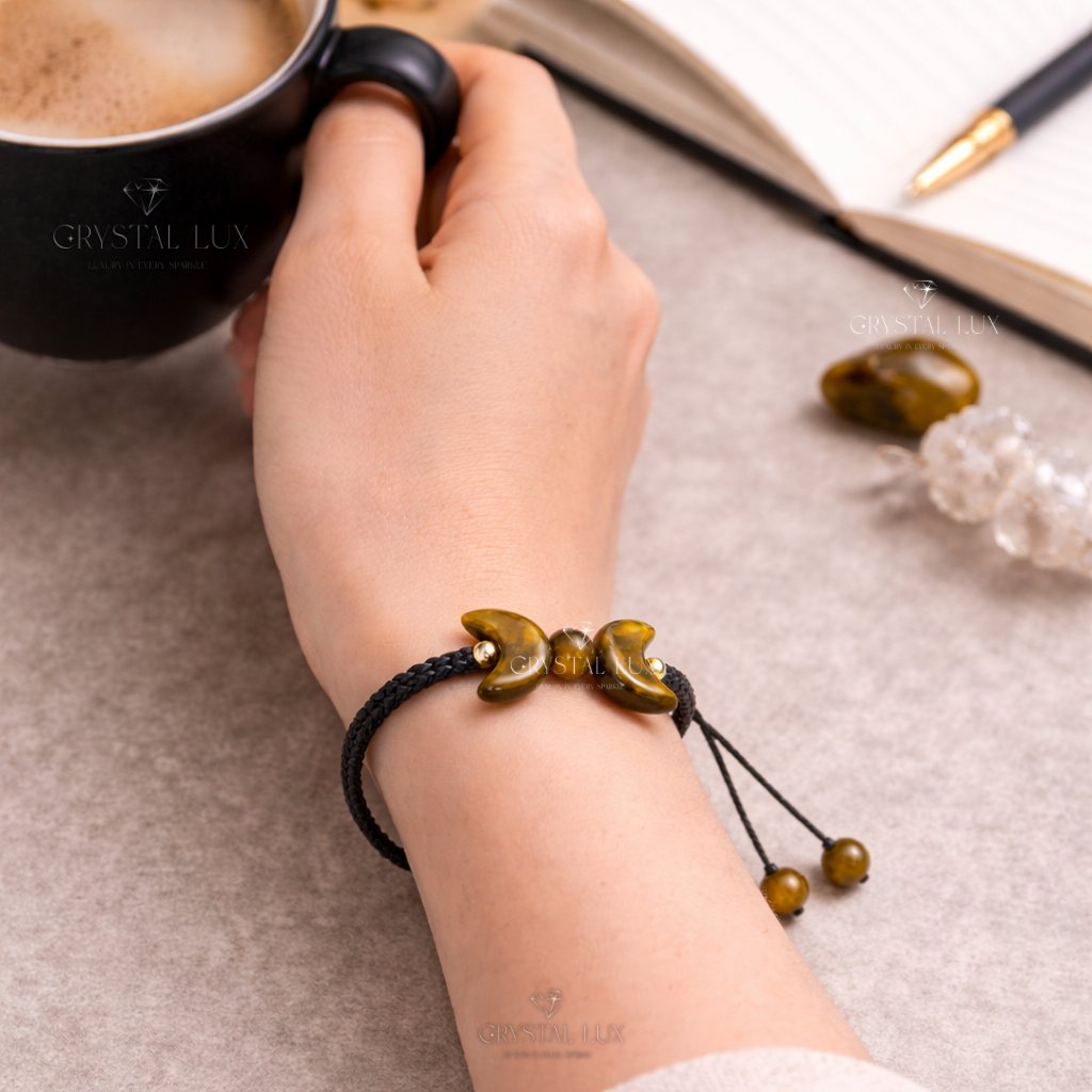 Tiger Eye Crescent Bracelet for Protection & Confidence | Natural Healing Crystal Adjustable Bracelet