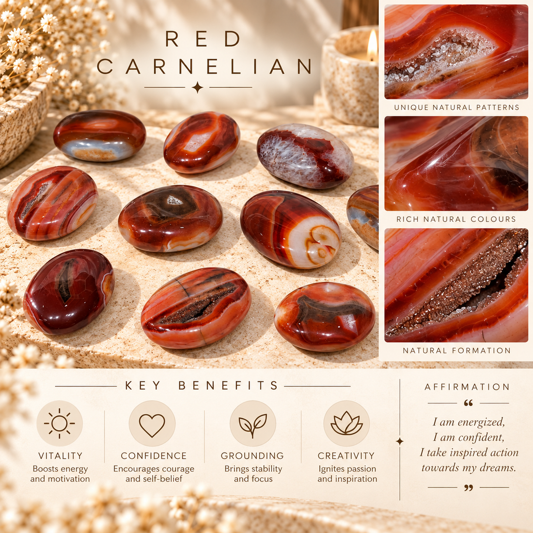 Natural Red Carnelian Palm Stone | Polished Carnelian Crystal