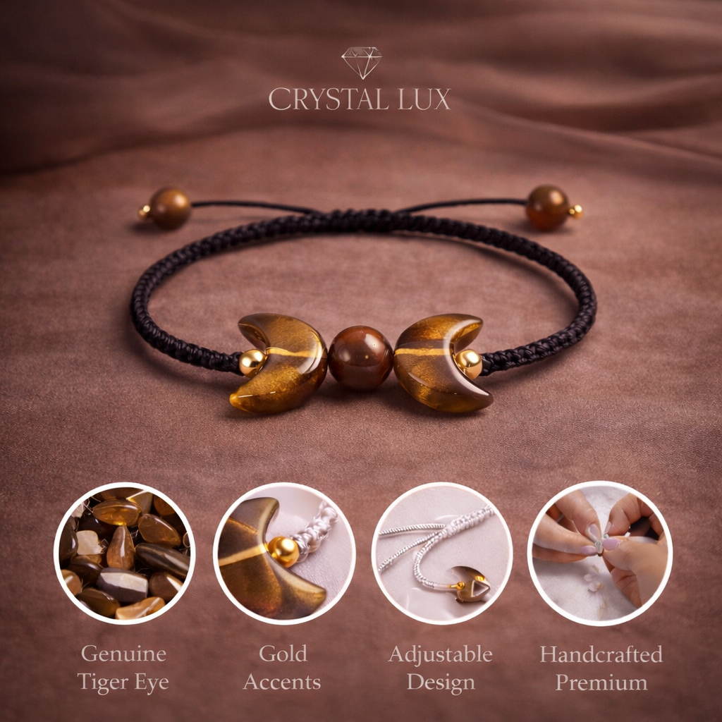 Tiger Eye Crescent Bracelet for Protection & Confidence | Natural Healing Crystal Adjustable Bracelet