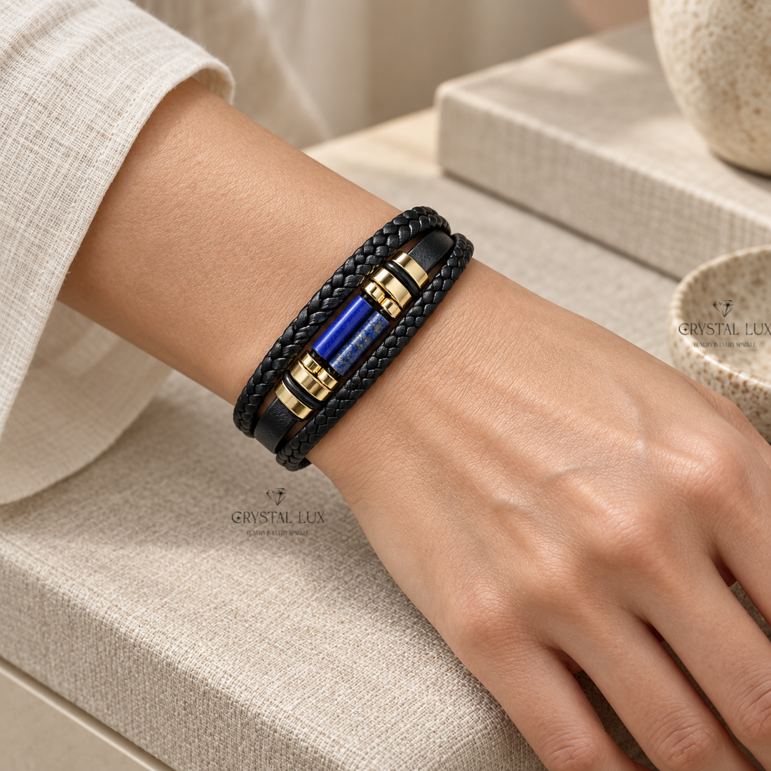Lapis Lazuli Men’s Leather Band Bracelet | Crystal Lux Studio