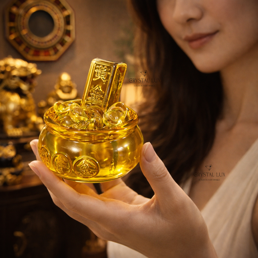 Feng Shui Wealth Bowl for Money, Prosperity & Good Luck – Golden Crystal Bowl