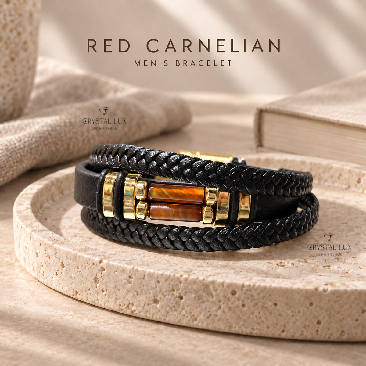Red Carnelian Men’s Leather Band Bracelet | Crystal Lux Studio