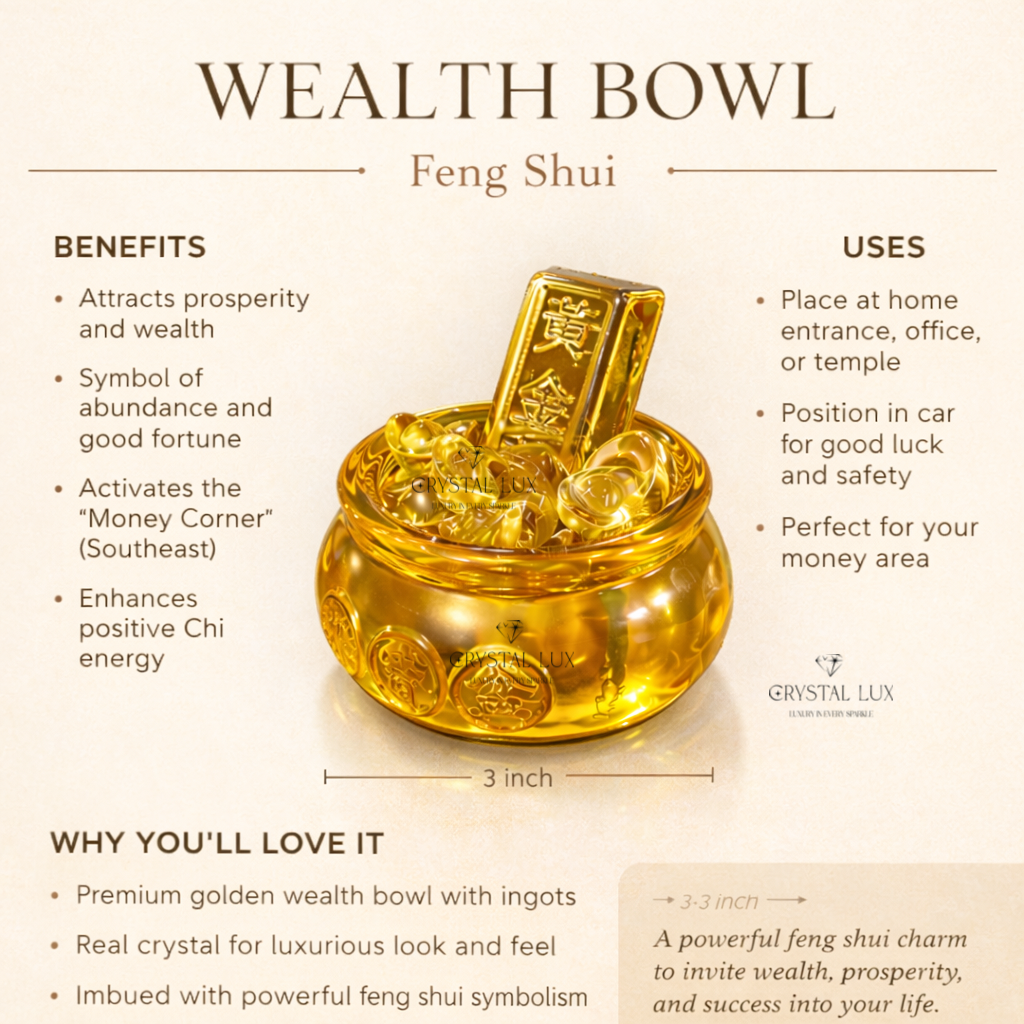 Feng Shui Wealth Bowl for Money, Prosperity & Good Luck – Golden Crystal Bowl