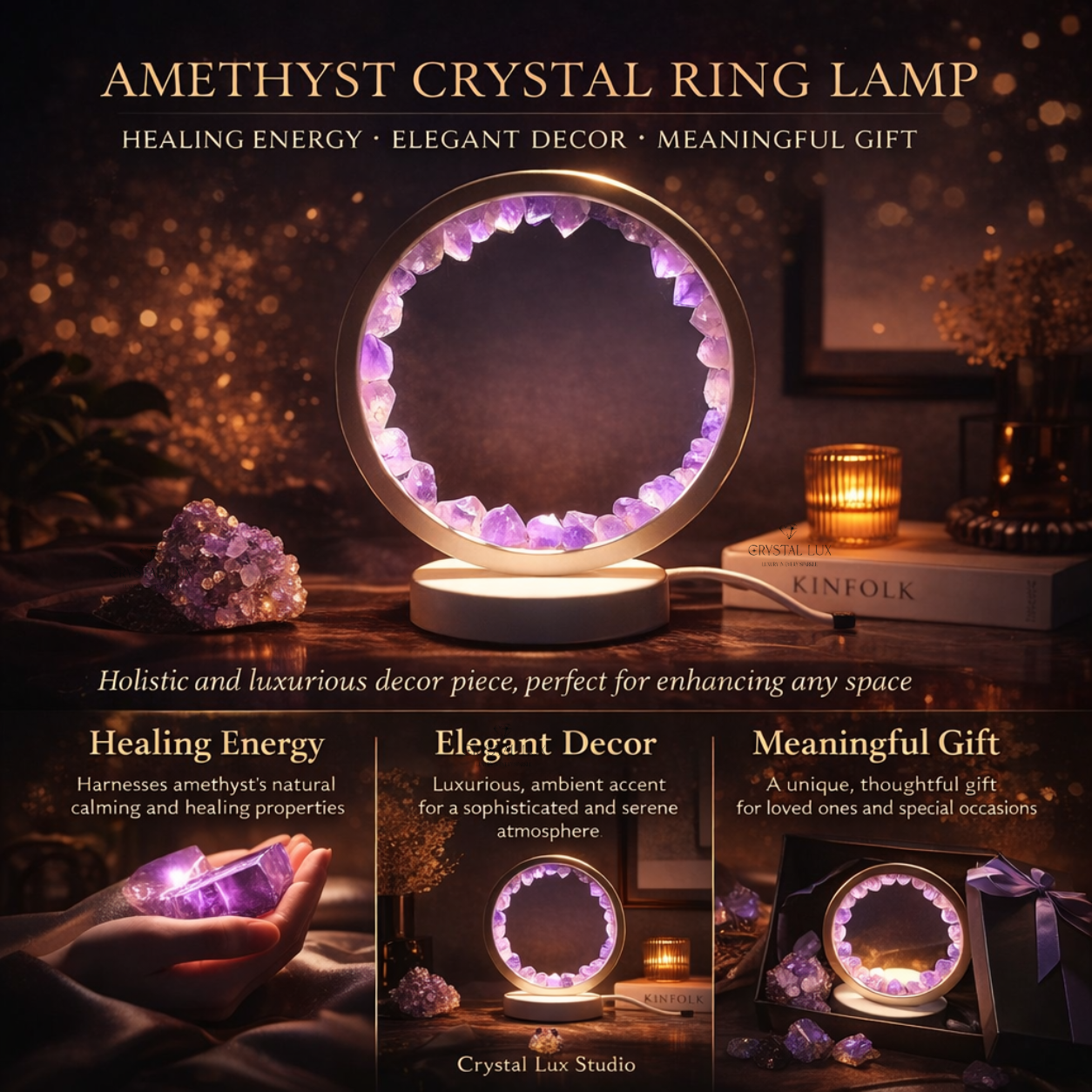 Lampe de table en cristal d'améthyste naturelle | Anneau lumineux en pierre de guérison pour la méditation, la relaxation et la décoration intérieure (alimentation USB)