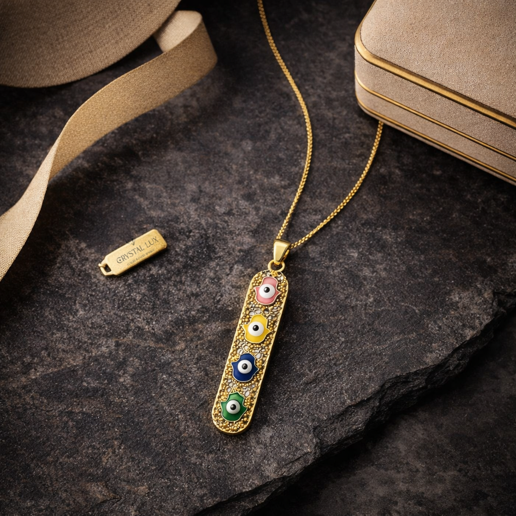 Hamsa Evil Eye Pendant Necklace for Protection, Luck & Energy Healing