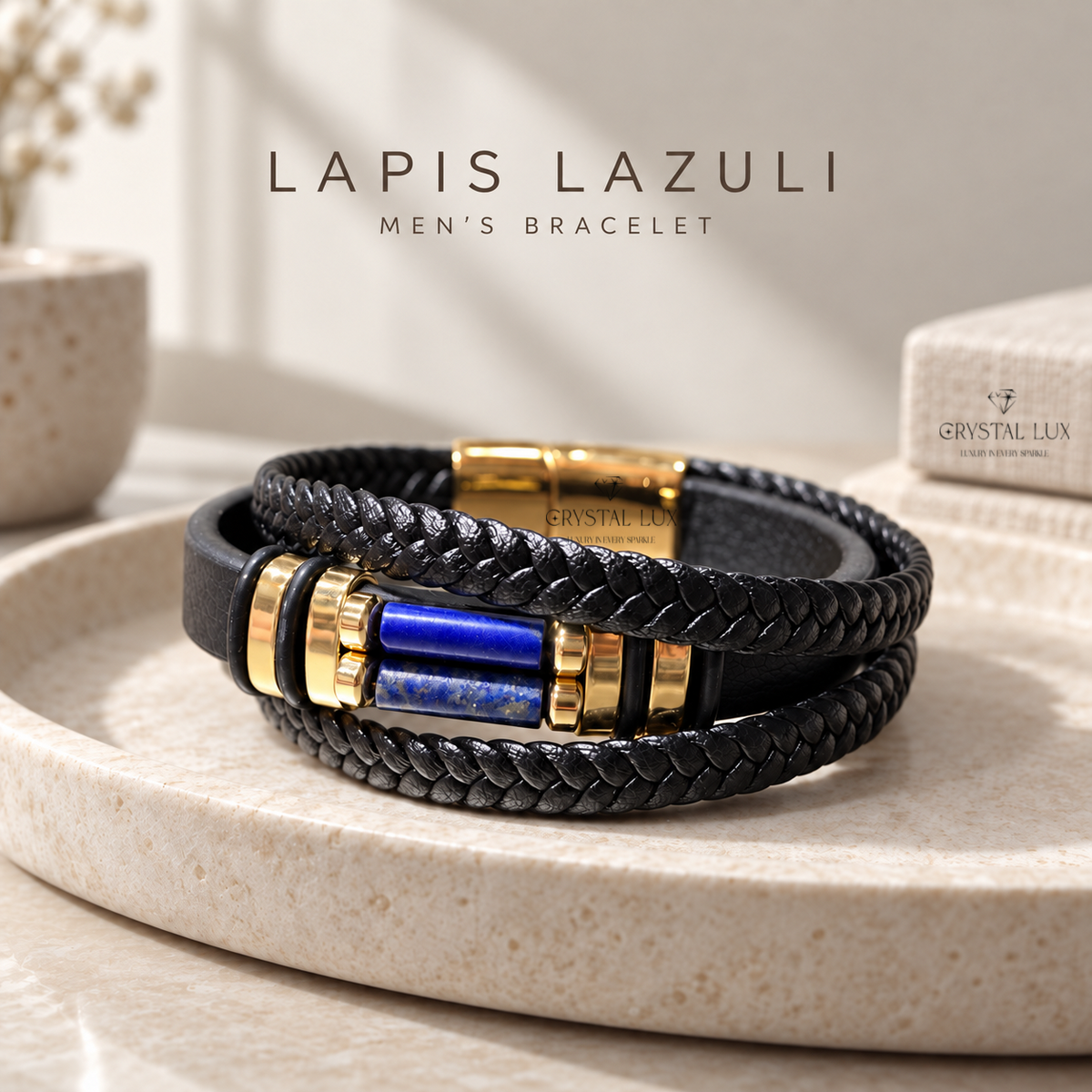Lapis Lazuli Men’s Leather Band Bracelet | Crystal Lux Studio