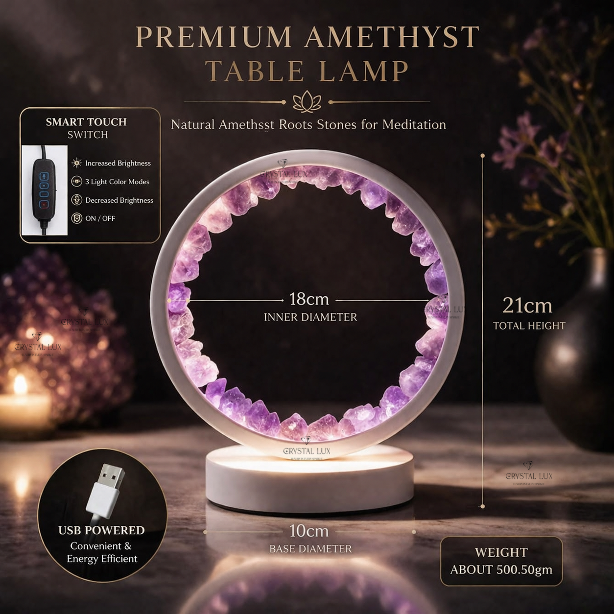 Lampe de table en cristal d'améthyste naturelle | Anneau lumineux en pierre de guérison pour la méditation, la relaxation et la décoration intérieure (alimentation USB)