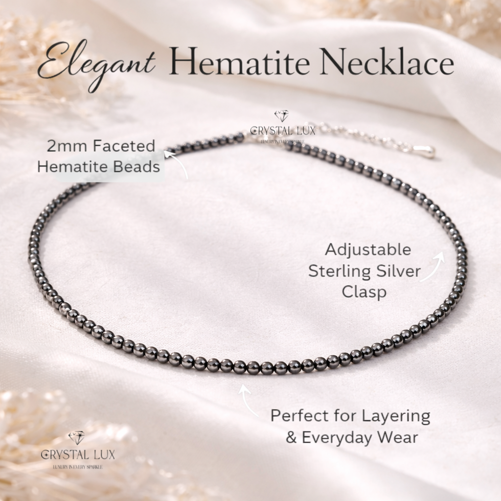 Luxury Hematite 2mm Faceted Necklace – Grounding Healing Crystal Neckpiece | Minimalist Protective Jewelry