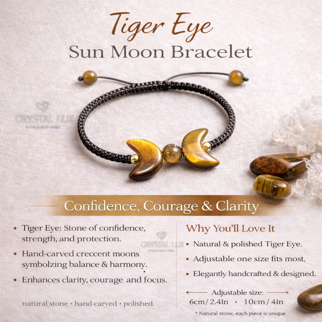 Tiger Eye Crescent Bracelet for Protection & Confidence | Natural Healing Crystal Adjustable Bracelet