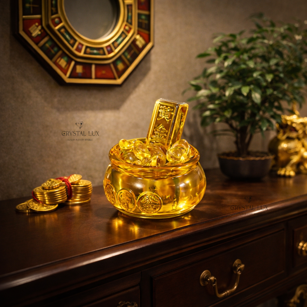 Feng Shui Wealth Bowl for Money, Prosperity & Good Luck – Golden Crystal Bowl