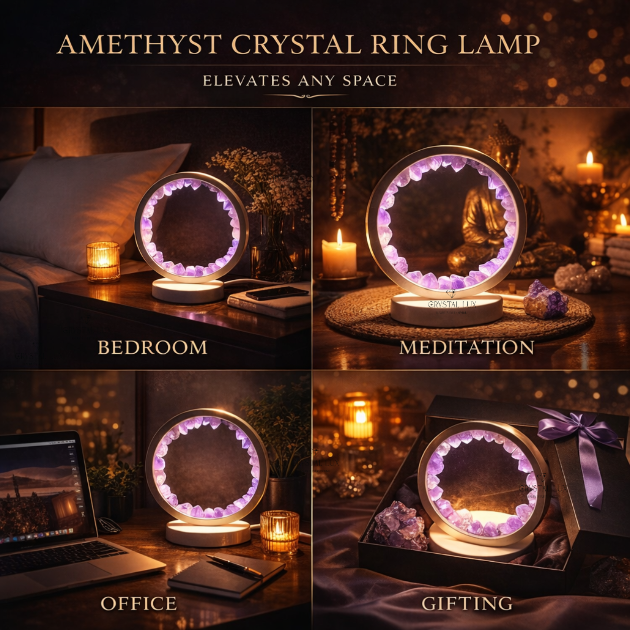 Lampe de table en cristal d'améthyste naturelle | Anneau lumineux en pierre de guérison pour la méditation, la relaxation et la décoration intérieure (alimentation USB)